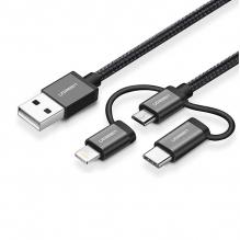 Cable 3 en 1 UGREEN, USB-A a Micro-USB / USB-C / Lightning, 1m, Negro - 80326